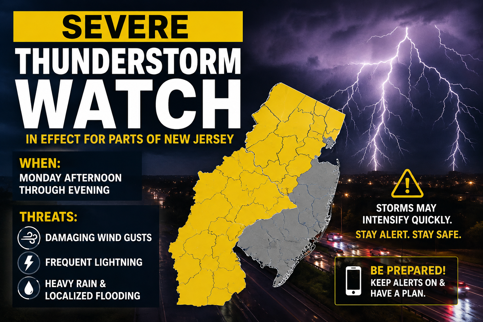 ⚠️ SEVERE THUNDERSTORM WATCH ISSUED FOR PARTS OF NEW JERSEY
