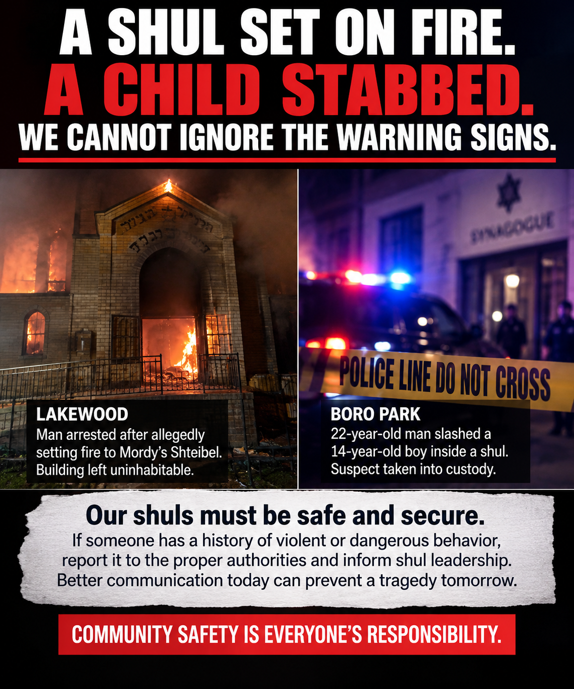 LETTER: A SHUL SET ON FIRE. A CHILD STABBED. WE CANNOT IGNORE THE WARNING SIGNS.